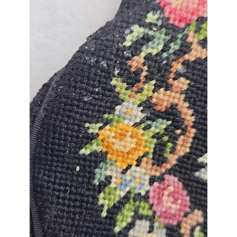 Vintage Handmade Needlepoint Petit Point Floral Hand Bag Purse Black Chain Strap - Picture 8 of 16